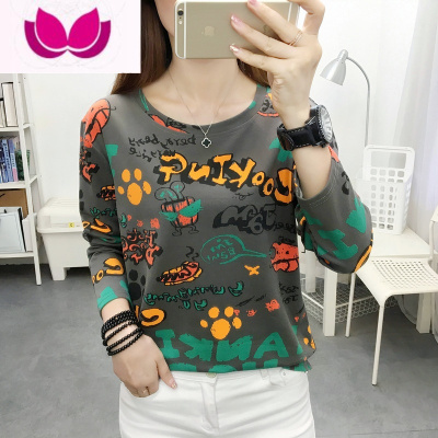 七斓灰色扎染圆领长袖T恤女2022新款韩版百搭长袖打底衫女外搭潮