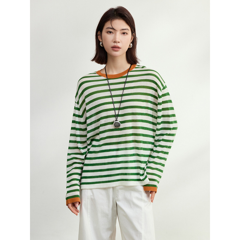 欧货小众C细羊毛条纹长袖T恤女2025新款早春打底针织衫女撞色上衣