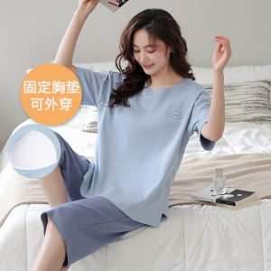 女士夏季带胸垫棉质睡衣短袖七分裤套装休闲宽松可外穿家居服大码