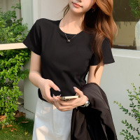 简约正肩短袖T恤女2025新款夏季黑色修身显瘦内搭圆领打底小上衣