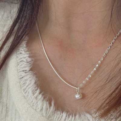 韩版拼接蛇骨链条珍珠吊坠多层项链女不对称设计感时尚百搭锁骨链送女朋友老婆情人节七夕生日礼物