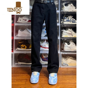 YANXU基础款黑色牛仔裤男生直筒微喇修身显瘦百搭裤子男款美式vibe高街