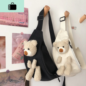 日系学生百搭ins斜挎帆布胸包女韩国港风潮网红流行可爱小熊腰包NEW LAKE女斜挎包