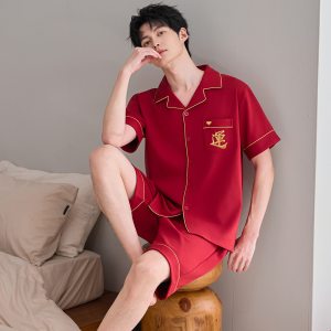 本命年大红色春夏男士纯棉结婚喜庆家居服可外穿短袖短裤开衫套装