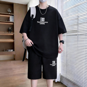 套装短袖男T恤夏季新款宽松打底衫上衣百搭潮流ins印花男士两件套