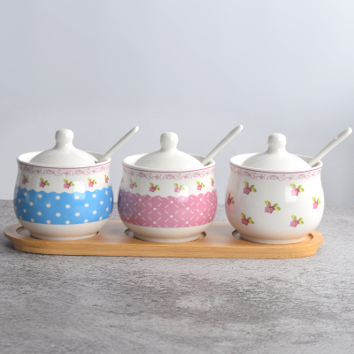 陶瓷调味罐套装厨房用品佐料瓶家用盐味精组合装调味瓶带盖勺铁架 敬平 田园风情三件套木托盘