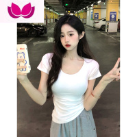 七斓纯欲风短款T恤2023新款辣妹修身显瘦正肩短袖白色打底上衣女