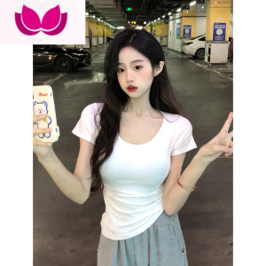 七斓纯欲风短款T恤2023新款辣妹修身显瘦正肩短袖白色打底上衣女