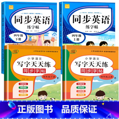 英语练字帖+语文字帖(上册+下册) 小学四年级 [正版]四年级上册英语字帖人教版 同步练字帖小学生衡水体手写体 3升4年