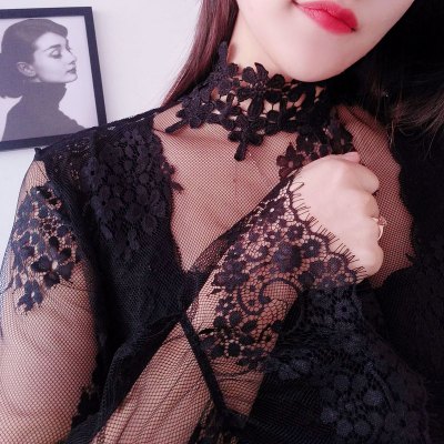 暖青汇白色蕾丝打底衫女长袖内搭网纱很仙的上衣秋超仙洋气大码透明镂空蕾丝衫