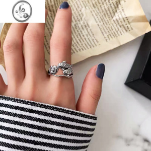 JiMi双鱼莲花S925银银戒指女吉祥锦鲤食指戒 复古个性可调节指环 女款均码可调节大小