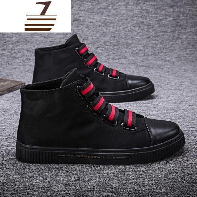 尗卡一脚蹬懒人男鞋黑底中帮板鞋无鞋带帆布鞋全黑色高腰鞋劳保工作鞋