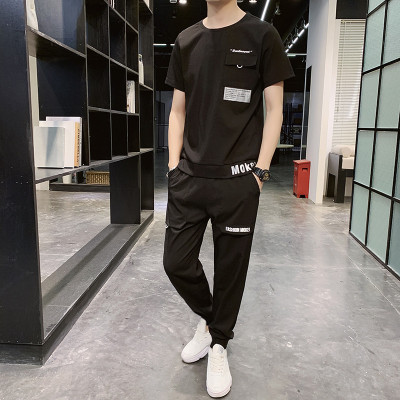 蓝缕金(LANLVJIN)男士休闲运动跑步套装男装短袖T恤搭配长裤一套2021夏季新款青少年舒适时尚帅气两件套