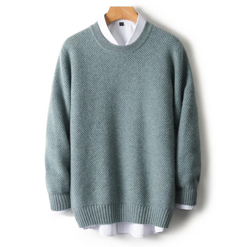 秋冬新款七针加厚菠萝针提花澳洲羊毛衫男圆领针织打底衫