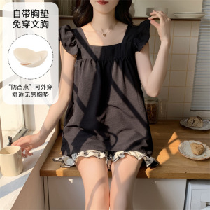 2026夏季新款女士卡通条纹背心吊带短裤可爱带胸垫睡衣家居服套装