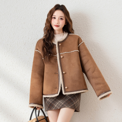 [3件8.5折237.9元,叠加优惠券]唐狮秋冬季仿麂皮绒拼接仿羊羔绒女厚外套美拉德休闲冬装潮流