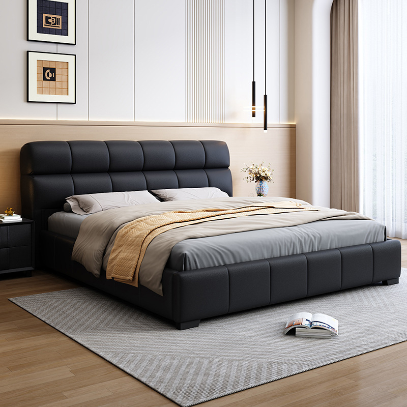 意式真皮床现代简约轻奢双人床主卧室黑色泡芙床榻榻米网红软包床