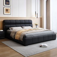 意式真皮床现代简约轻奢双人床主卧室黑色泡芙床榻榻米网红软包床