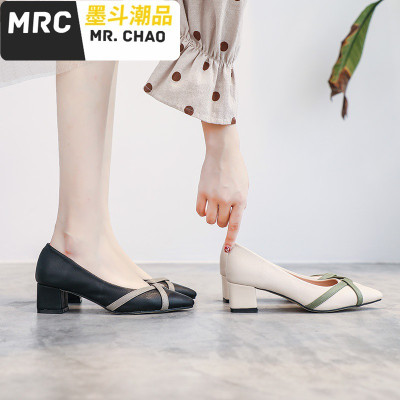 尖头法式小(3-5厘米)单鞋2020年春季新款仙气淑女粗跟早春时尚女鞋墨斗潮品休闲鞋