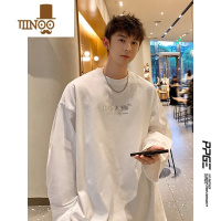 YANXU藏青色长袖t恤男秋季oversize大码圆领卫衣美式打底衫潮