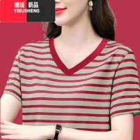 YIBUSHENG条纹V领短袖T恤女2024装新款大码宽松中年妈妈半袖上衣服