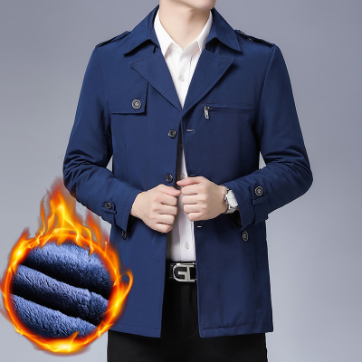 吉普战车JIPUZHANCHE冬季新款男士风衣加绒加厚青中年商务休闲男士夹克厚款中长款男装翻领外套男士大衣大码潮款衣服