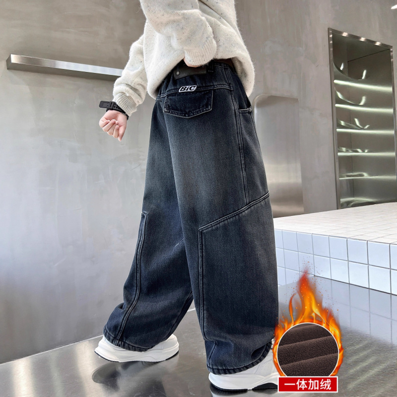 儿童装男童加绒裤子新款冬季大童秋冬款一体绒男孩加厚牛仔裤