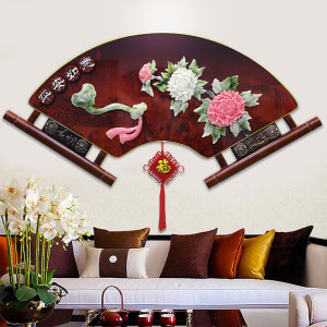 维诺亚客厅装饰画电视沙发背景墙壁画中式玉雕扇形木雕玄关走廊餐厅挂画