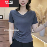 YIBUSHENGV领短袖T恤女士2024季新款不规则显瘦洋气遮肉纯色百搭上衣女