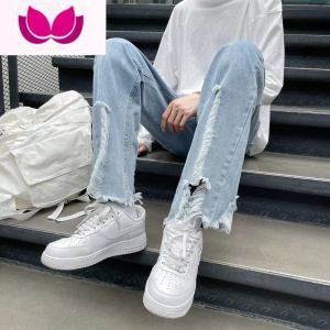 七斓破洞牛仔裤男宽松直筒毛边设计高级感炸街裤子百搭垂感高街喇叭裤