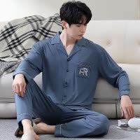 莫代尔秋冬季男士睡衣开衫长袖休闲宽松翻领青少年外穿家居服套装
