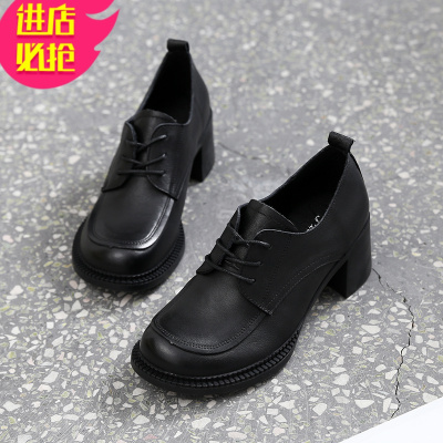 金三志英伦风小皮鞋女2021年春秋系带粗跟中跟单鞋复古软底软皮皮女鞋休闲鞋