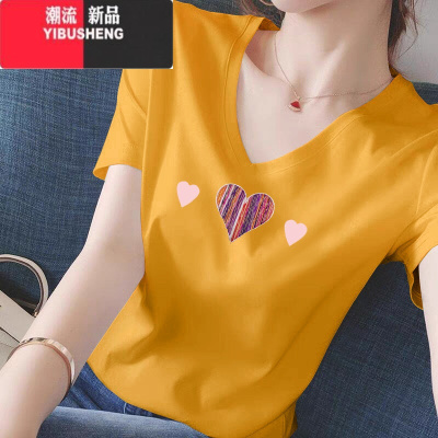YIBUSHENG正肩短袖t恤女纯气时尚宽松打底衫早春ins潮牌v领大码上衣