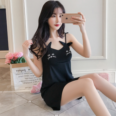 SUNTEK睡裙女夏季睡衣女夏天韩版带胸垫性感黑咪吊带裙莫代尔家居服