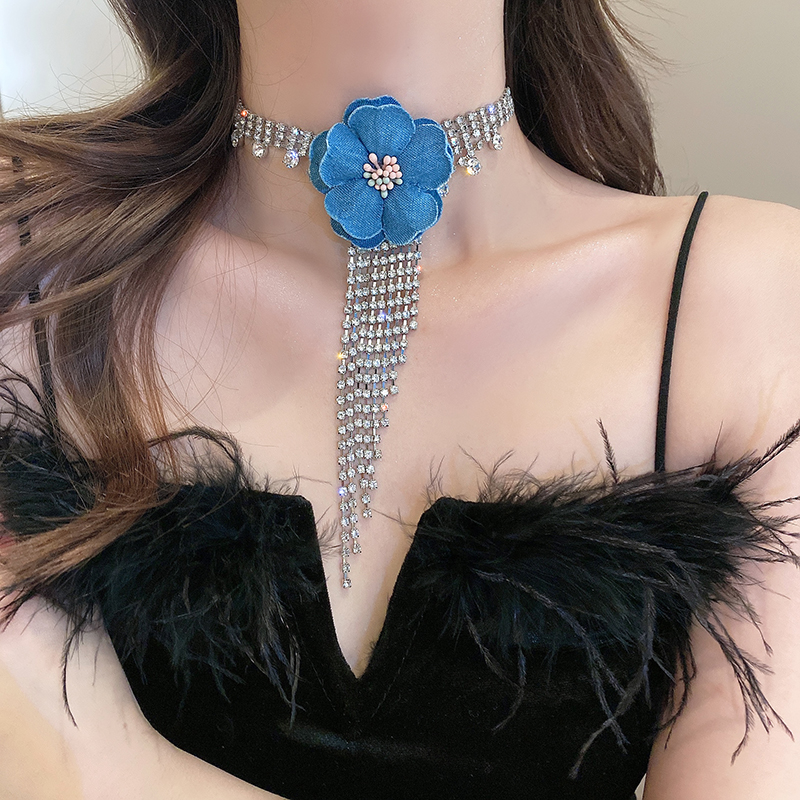 蓝玫瑰花朵长款流苏项圈choker颈链女高级感小众设计项链气质配饰