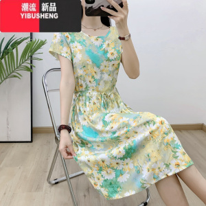 YIBUSHENG2024季新款中长棉绸连衣裙女外穿人造棉小个子收腰显瘦碎花裙子
