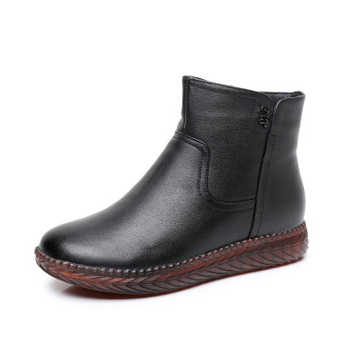 真皮妈妈棉鞋女25冬保暖加绒中老年防滑软底厚绒圆头复古平底短靴