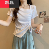 YIBUSHENG韩系chic港风抽绳短袖T恤女季修身显瘦不规则短款斜领半袖上衣