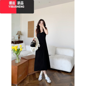 YIBUSHENG大码女装黑色背心连衣裙女胖MM气质显瘦遮肚裙子衬衣外套两件套