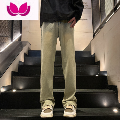 七斓美式复古高街黄泥牛仔裤男水洗直筒宽松vibe微喇开叉修身裤子