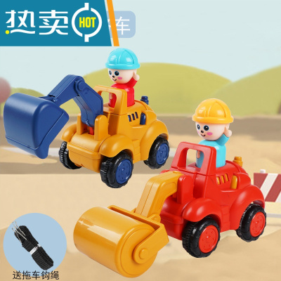 儿童按压工程车宝宝惯性压路机挖掘机小汽车男孩挖土推土机玩具车真智力套装送拖绳-999压路机+挖掘机（两只装）回力玩具