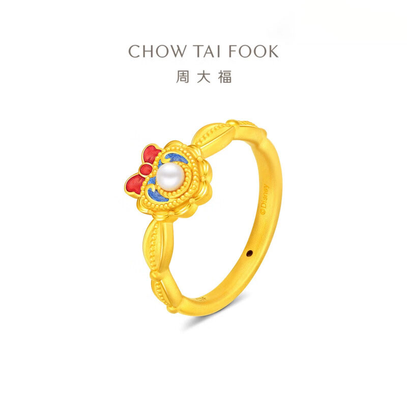 周大福迪士尼公主系列白雪公主蝴蝶结珍珠足金黄金戒指R38620