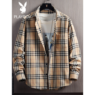 花花公子春季文艺大学生港风格子衬衫男长袖韩版衬衣宽松潮流痞帅