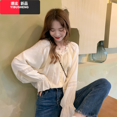 YIBUSHENG灯笼袖衬衫女春秋很仙的上衣设计感外穿时尚百搭雪纺衫长袖衬衣女杏色均码
