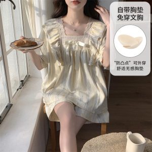 睡衣女夏天可外穿2026新款薄款短袖夏季带胸垫宽松学生家居服套装