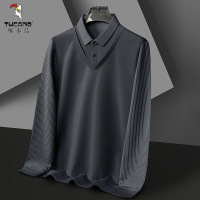 啄木鸟 春秋商务休闲POLO衫男士中年爸爸衬衫领长袖T恤假两件上衣