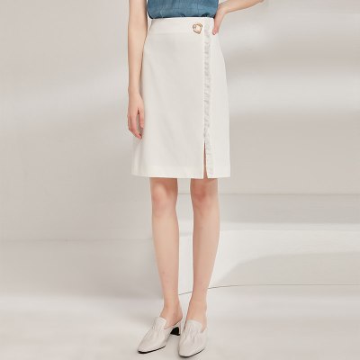 欧昵雪夏季高腰显瘦花边开叉半身裙女时尚职业包臀短裙子