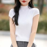 春秋薄款包袖针织衫短袖T恤上衣半高领无袖打底衫修身内搭简约