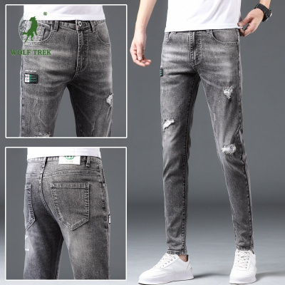 七匹狼国际公司授权WOLFTREK-牛仔裤男潮牌2021春夏破洞休闲九分裤男士韩版潮流修身小脚长裤子