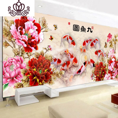 封后5d钻石画九鱼图十字绣钻石绣2019新款花开富贵客厅点钻贴钻砖石秀满钻全贴+AB彩钻-220-100CM